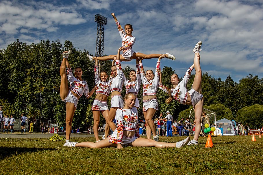 cheerleaders on ground, Cheerleading, Girls, Kids, Sports, stadium, summer, health, lawn, outdoors
