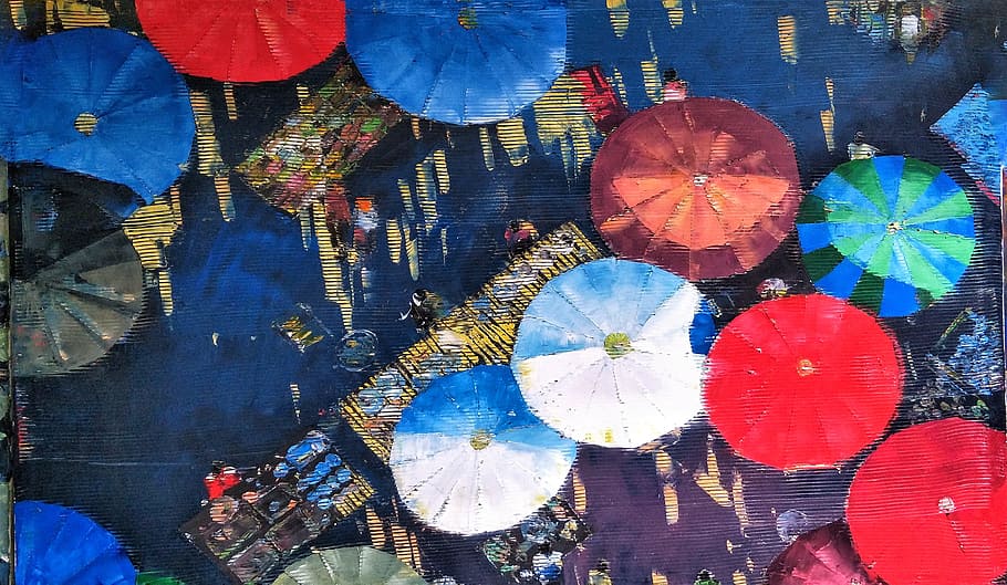 myanmar, burma, art, umbrellas, street, scene, colourful, multi colored, art and craft, pattern