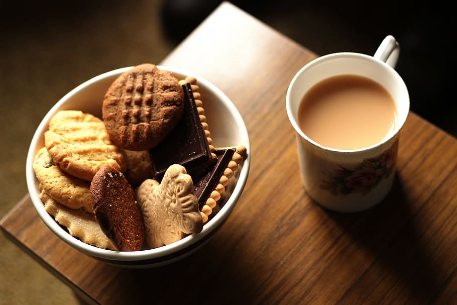 biscuit, white, bowl, Afternoon, Biscuits, Brown, Chocolate, coffee, cookies, cup