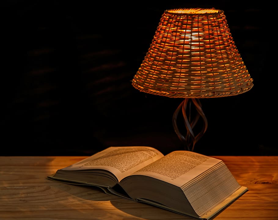 opened, book, table, turned, table lamp, light, lamp, bedside lamp, illumination, lampshade