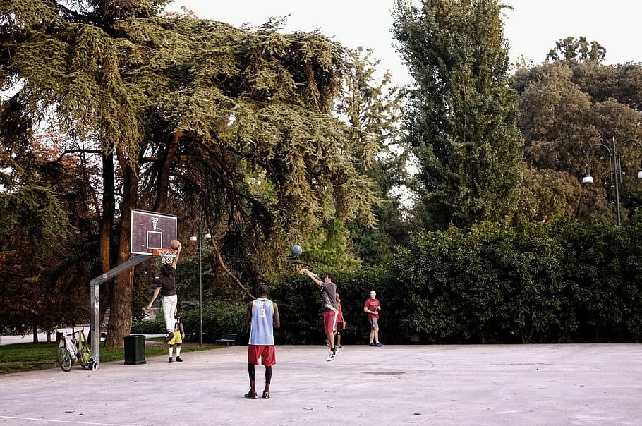 men, playing, basketball, front, gray, red, basketball hoop, central park, game, youth