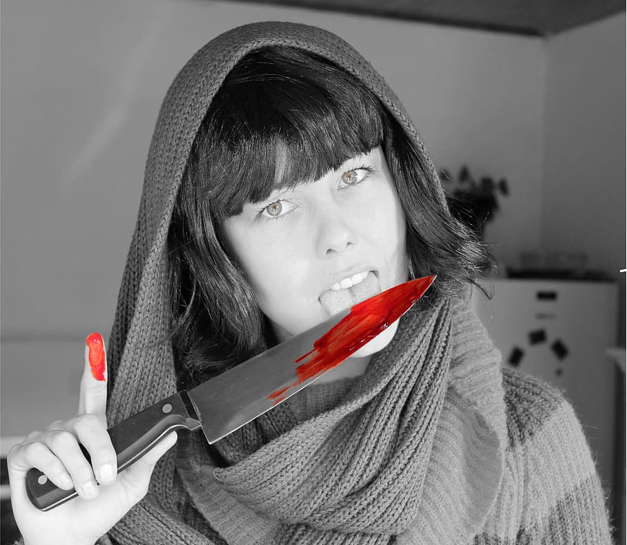 selective, color photography, red, blood stains, knife, halloween, blood, gore, murder, women