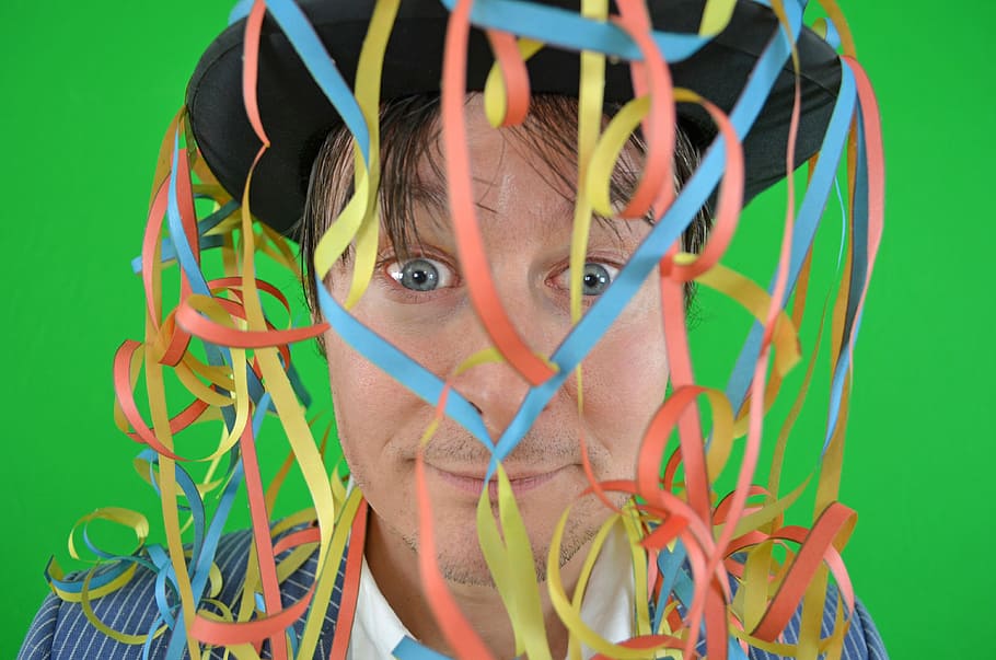 man, wearing, hat, tassels, Party, Carnival, Streamer, Fasnet, colorful, new year's eve
