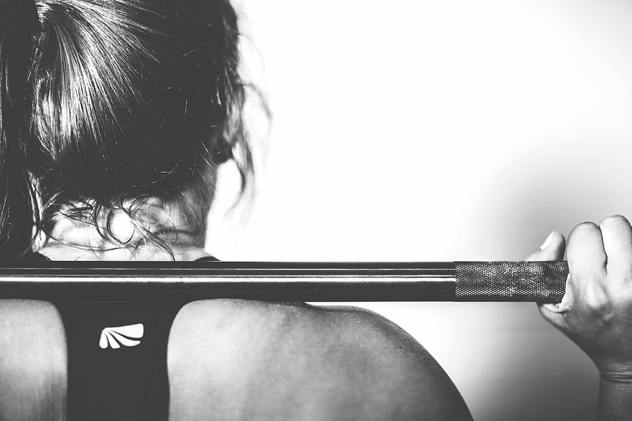 woman lifting barbell, woman, holding, bar, grayscale, girl, barbell, weights, muscles, strength
