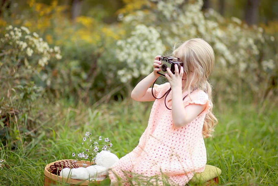 menina, sentado, campo de grama, segurando, preto, câmera, natureza, grama, plantas, verde
