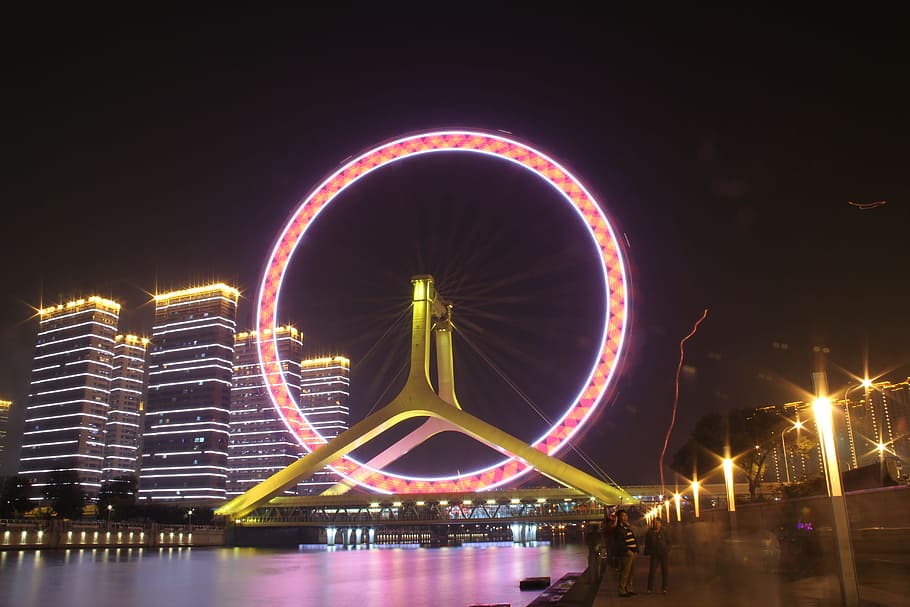 the ferris wheel, tianjin, the night, lantern, illuminated, night, water, architecture, motion, built structure