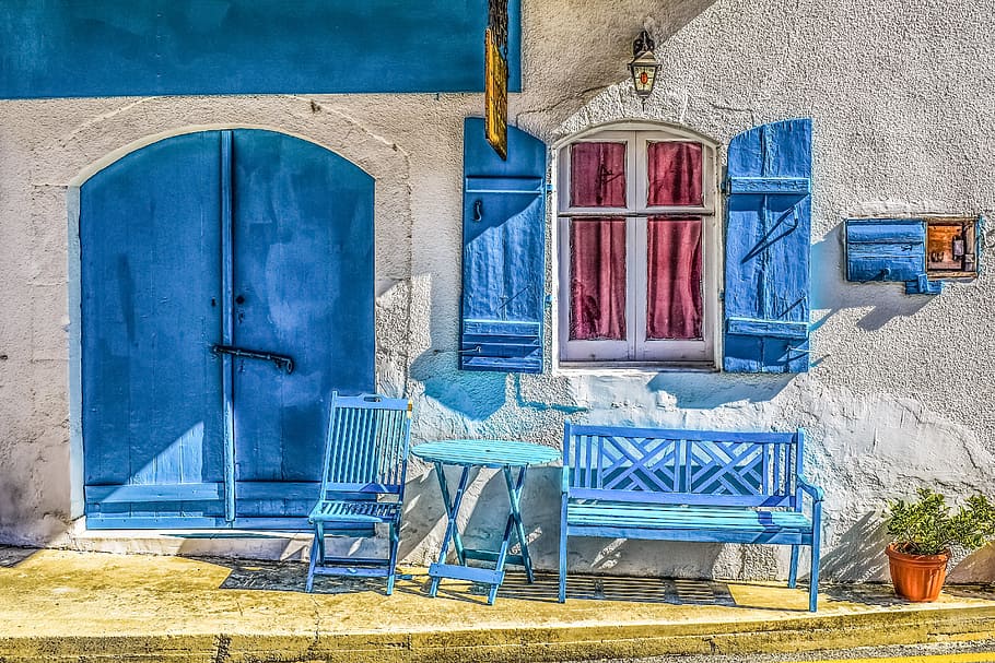 blue, wooden, bench, white, windowpane, cyprus, psematismenos, shop, architecture, traditional