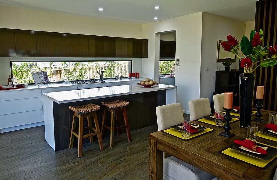 rectangular, marrón, madera, mesa de comedor, blanco, foto, negro, cocina, diseño, interior