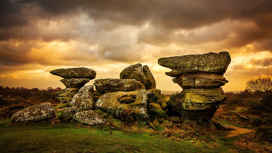 gray, rock formation, cloudy, skies, brimham rocks, brimham moor, yorkshire, balancing stones, historic, grit stone