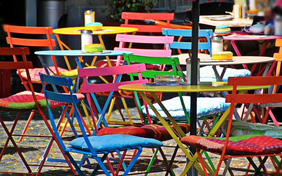 round, yellow, table, four, chairs patio, set, chairs, folding chairs, seat, cafe
