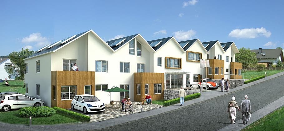 branco, azul, casa, ao lado, concreto, estrada, casa multifamiliar, villa, renderização, visualização