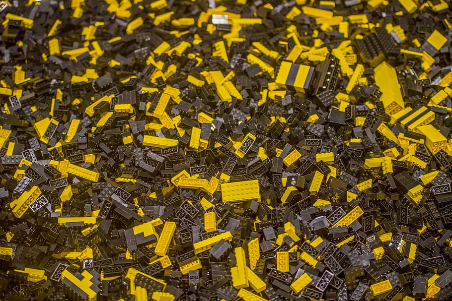 industry, pattern, batch, lego, bricks, yellow, black, colorful, build, child