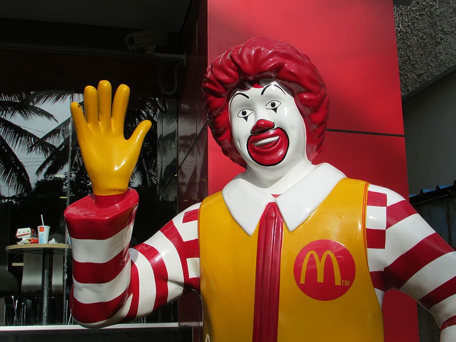 mcdonald's statue, Mcdonald, Figure, Man, Yellow, red, one man only, stage costume, clown, indoors
