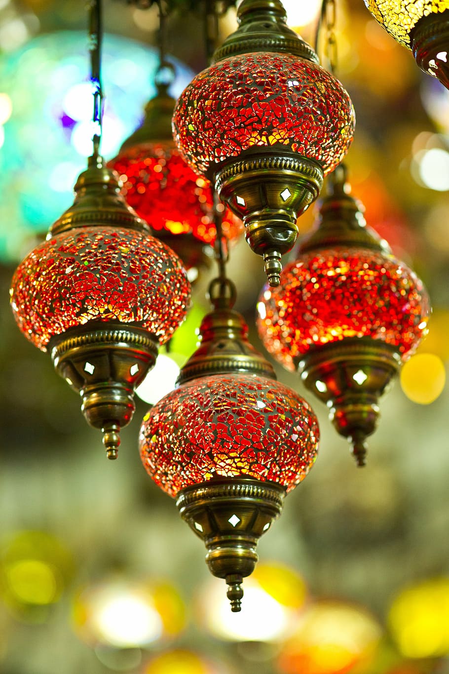 several pendant lamps, chandelier, lamp, red, istanbul, light, souvenir, turkey, hanging, middle east