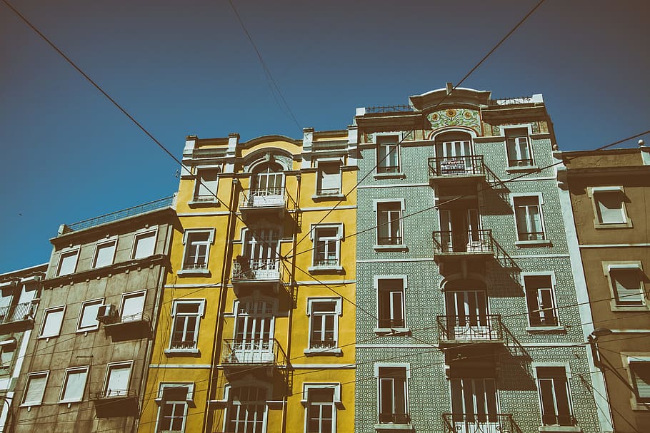 grande angular, edifícios coloridos, ruas, portugal, capturado, canon dslr, tiro, coloridos, edifícios, lisboa