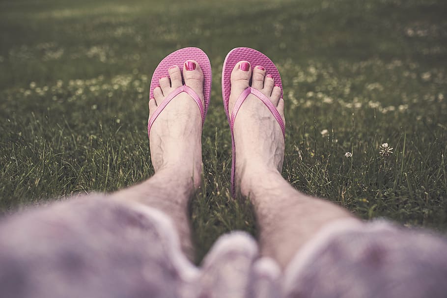 person, wearing, rubber flip-flops, sitting, grasses, pink, pedicure, flip, flops, lying
