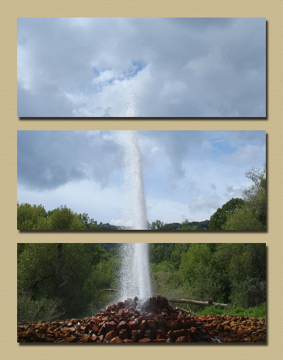 Geyser, Andernach, Triptych, Bubbly, carbon dioxide, co2, inject, perspective, tree, cloud - sky