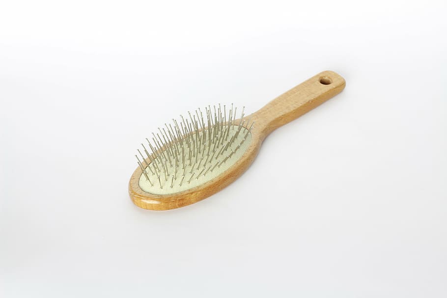 brown hair brush, comb, hair, beauty, brush, equipment, kitchen Utensil, single Object, studio shot, white background