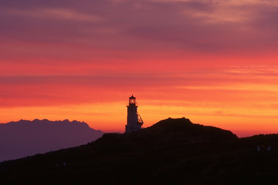 white, lighthouse photo, sunset, sunrise, lighthouse, dawn, silhouettes, mountains, coast, sky