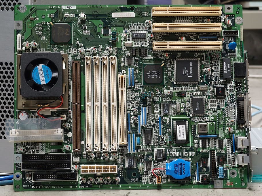 green computer motherboard, technology, computer, motherboard, chips, hardware, desktop, memory, bus, fan