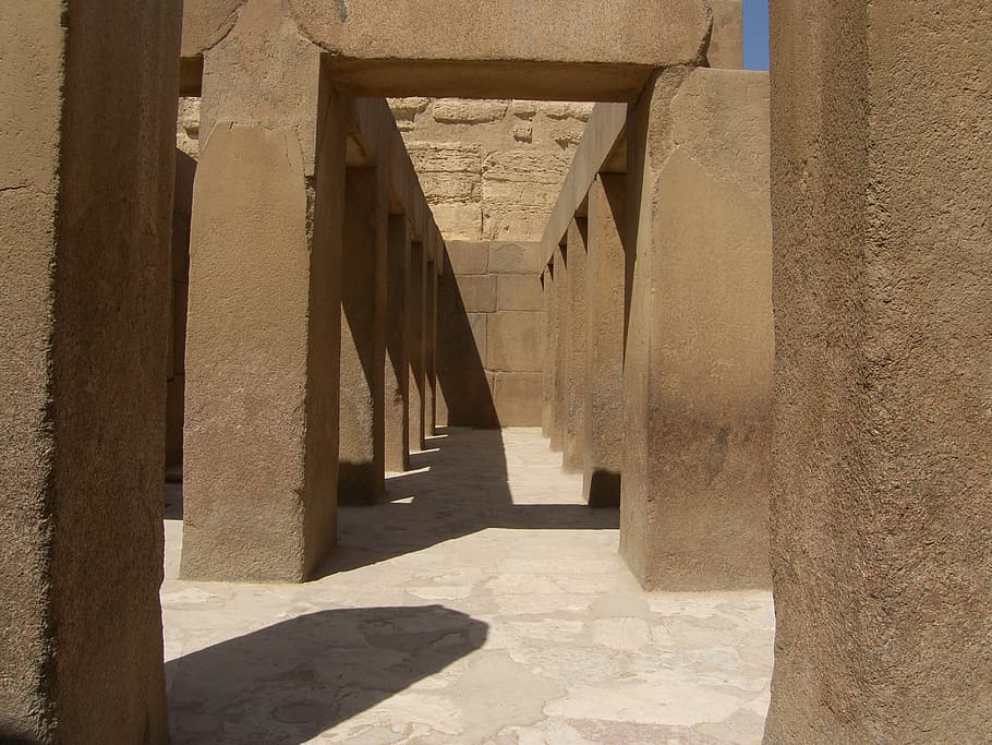 coridor, arquitectura antic, egipto, el cairo, motivo, arquitectura, estructura construida, luz solar, sombra, columna arquitectónica