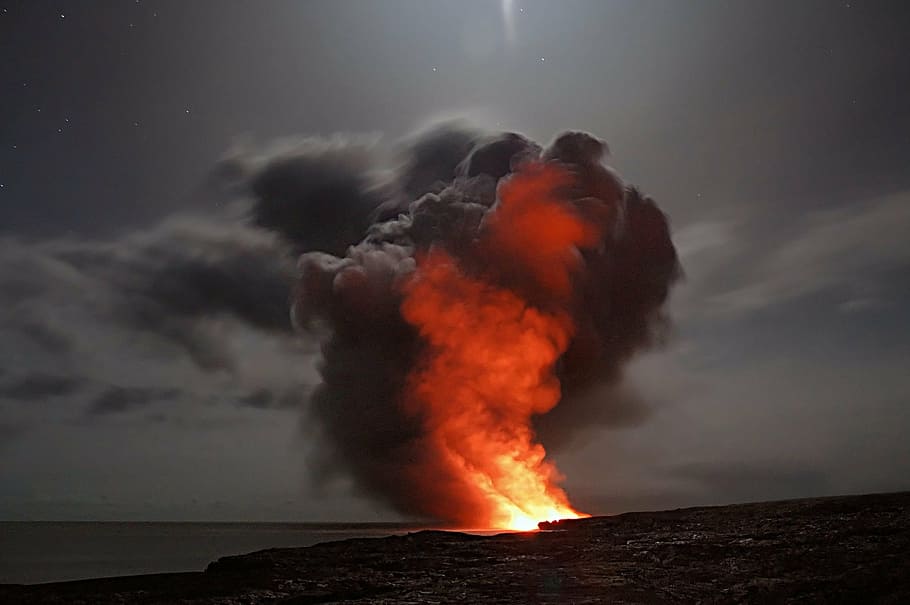 volcano, smoke, hawaii, lava, cloud, ash, water, ocean, volcanic, eruption