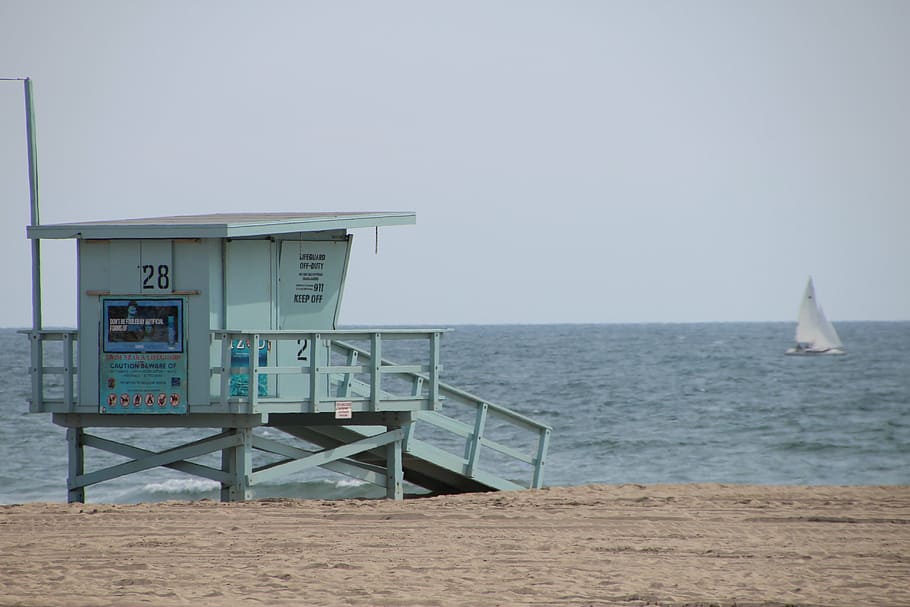 teal, wooden, lifeguard house, seashore, santa monica, venice beach, california, beach, holiday, sea