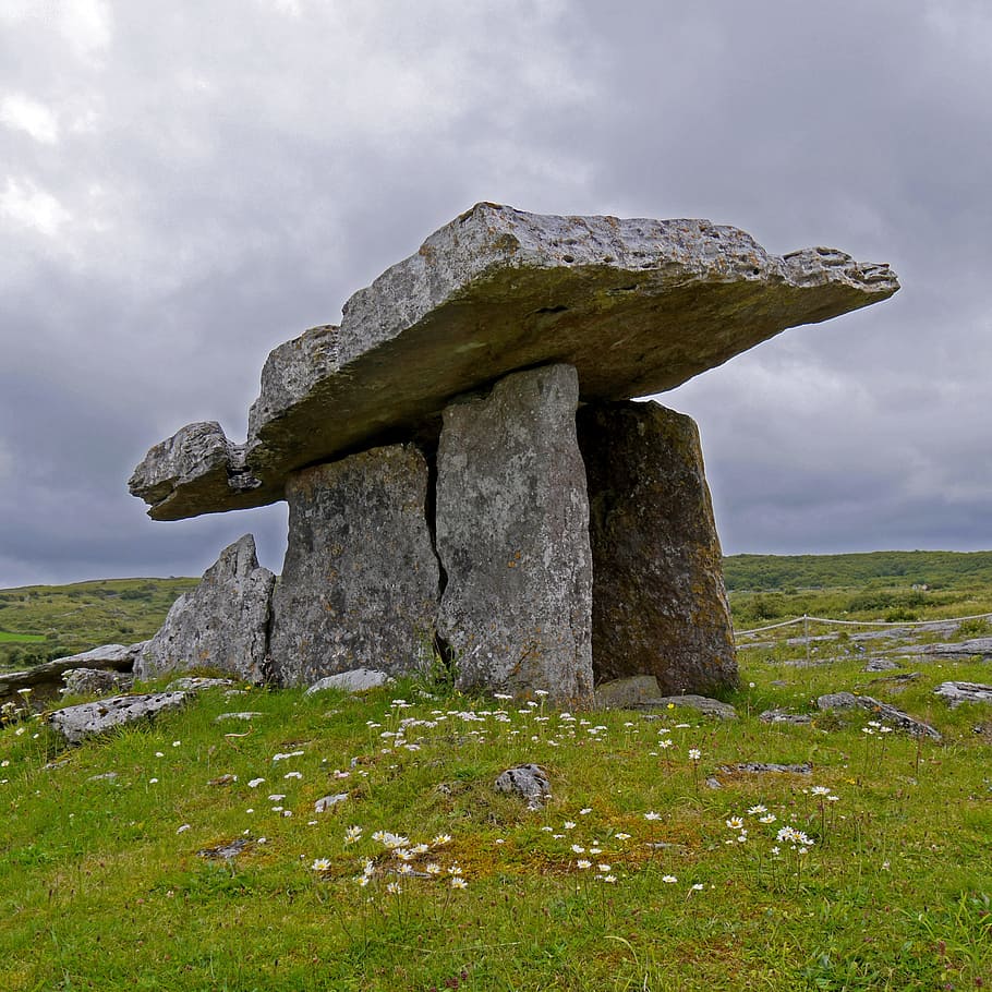 gray, rock formation, surrounded, grass, ireland, burren, dolmen, new stone age, tomb, sky