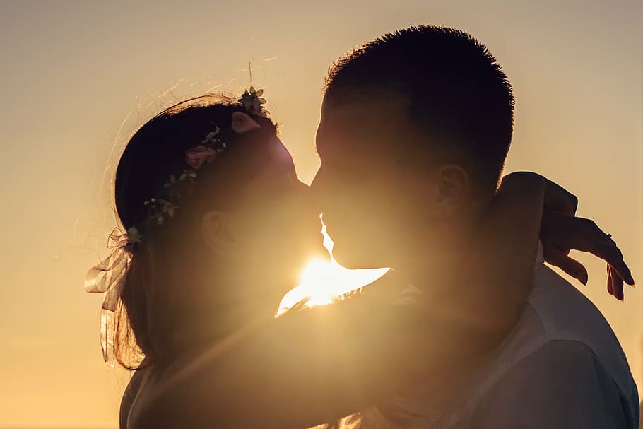 man, woman, kiss, love, emotion, a couple of, young couple, mood, kissing, silhouette