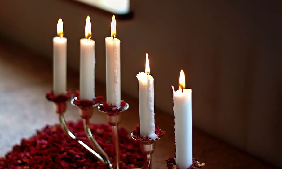 velas, candelabro, llama, blanco, luz de vela, romántico, estado de ánimo, decoración, quemar, atmósfera