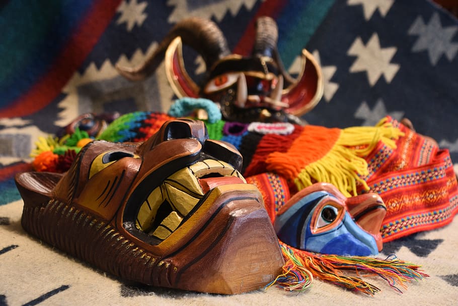 traditional, mask, ecuador, art and craft, multi colored, creativity, focus on foreground, still life, craft, textile