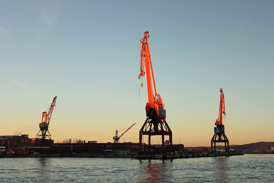 gothenburg, port, cranes, crane, morning sun, sunrise, gota river, boatyard, industrial, water