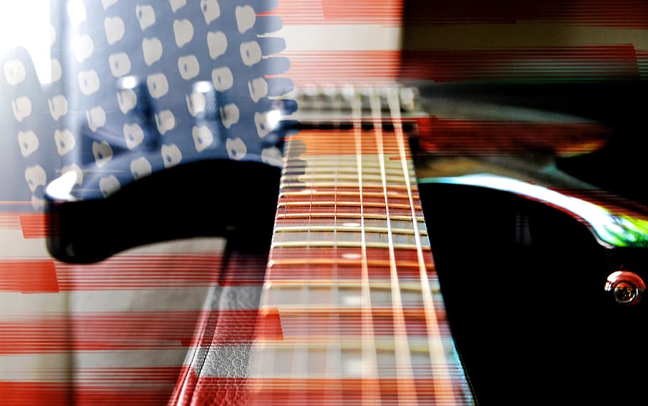 closeup, guitar strings, flag, usa, banner, guitar, electric guitar, stringed instrument, musical instrument, electrically