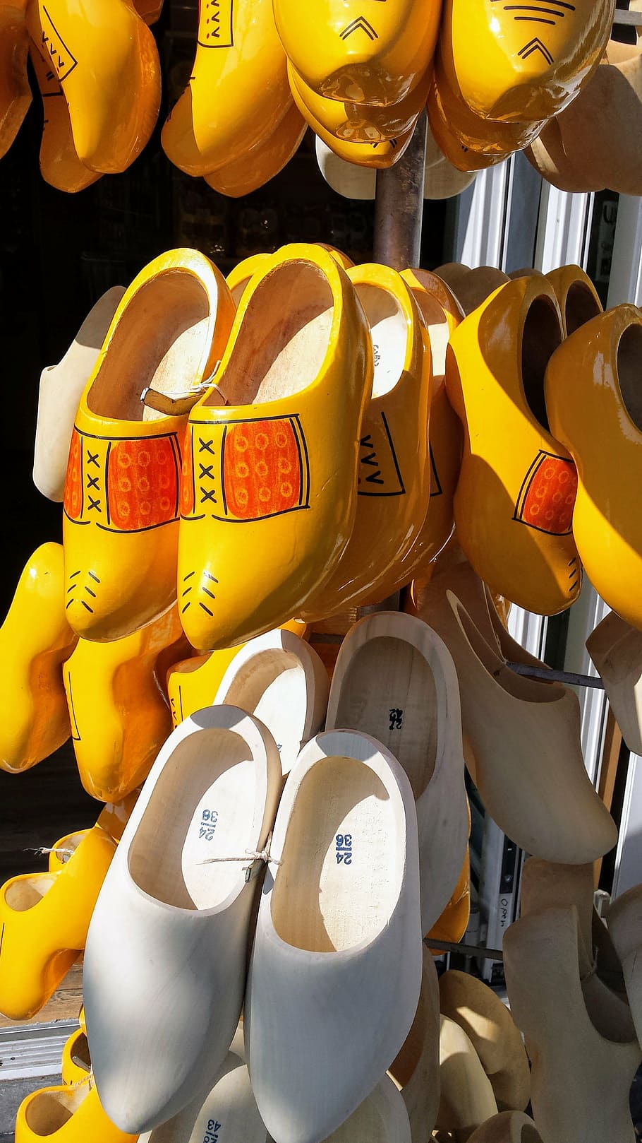 clogs, netherlands, shoe, wood, bergen op zoom, large group of objects, retail, yellow, for sale, abundance