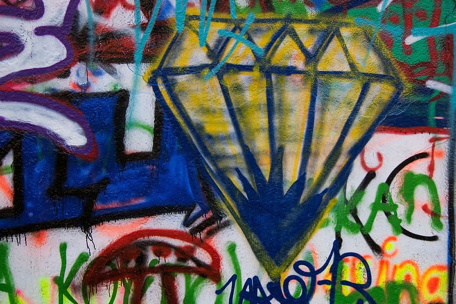 multicolor, graffiti de pared de diamantes, graffiti, pared, grunge, ciudad, hogar, albañilería, fachada, juventud
