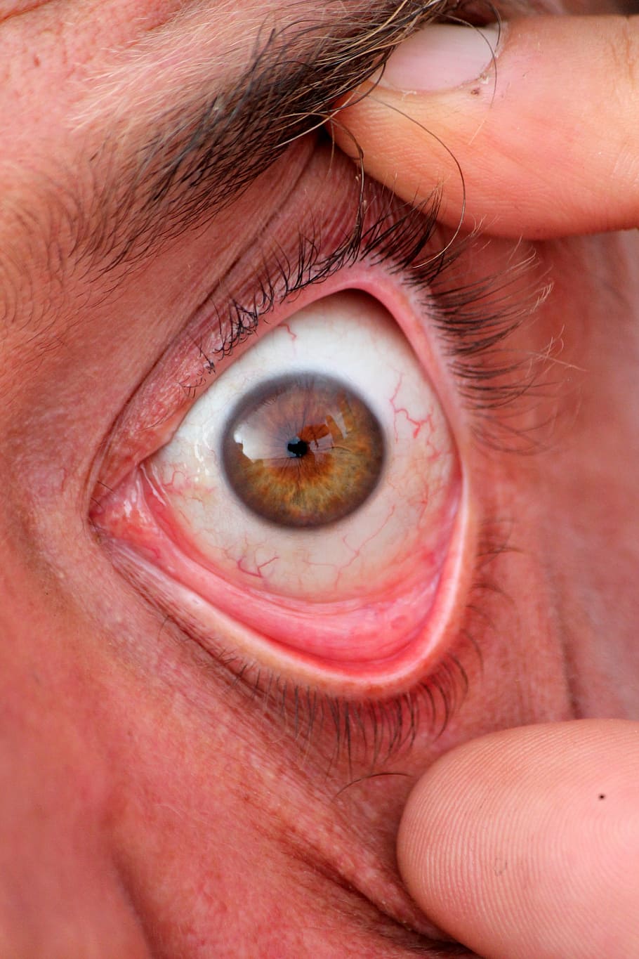 eye, capillaries, eyelashes, eyebrows, pupil, man, fingers, hand, close-up, people