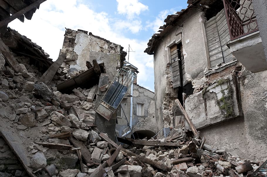 wrecked, gray, concrete, building, daytime, rubles, destroyed, house, earthquake, rubble