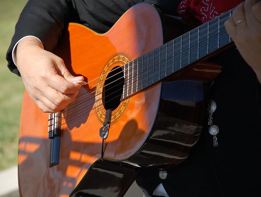 pessoa, tocando, acústico, Instrumento, Mariachi, Guitarra, Mexicano, México, música, mão