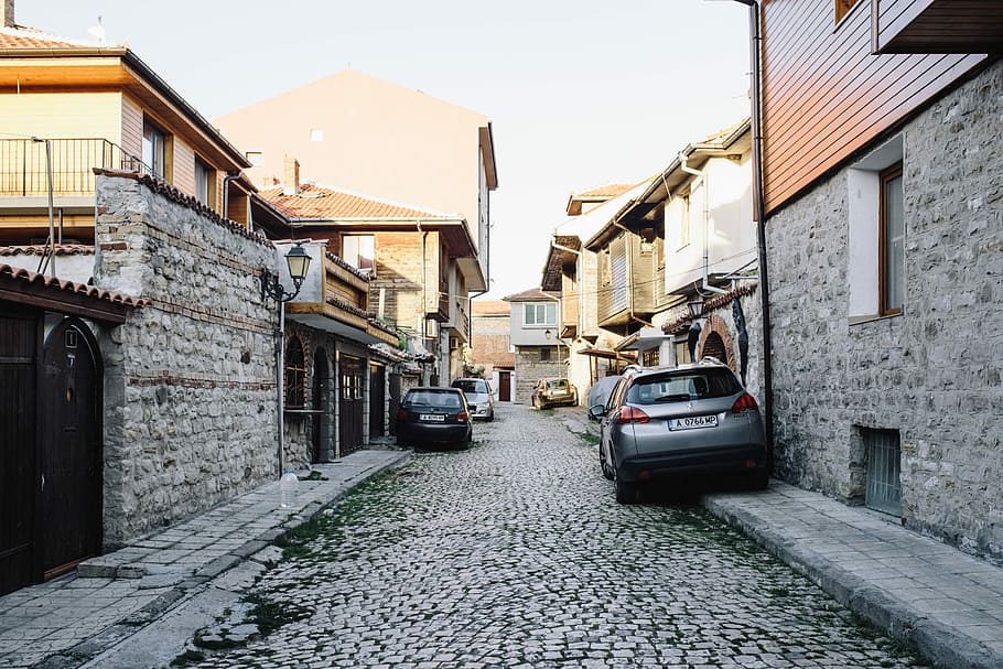 estrecho, calles, antiguo, casas, ciudad nessebar, casco antiguo, Nessebar, Bulgaria, verano, arquitectura