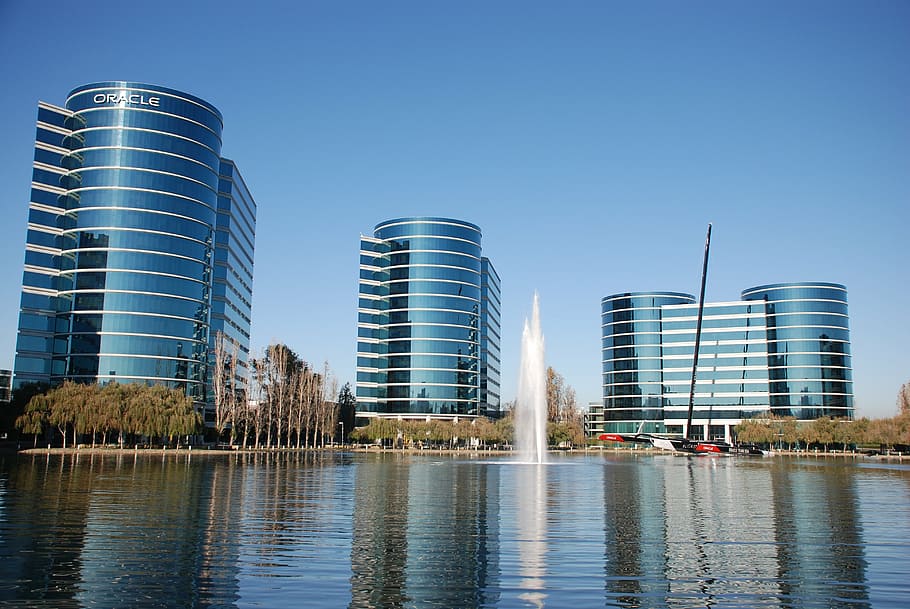 view, lake, towers, oracle, silicon valley, industry, redwood shores, redwood city, bay area, architecture
