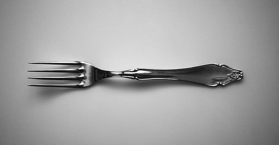 gray, stainless, steel fork, white, surface, Fork, Tool, Table, Eat, Kitchen