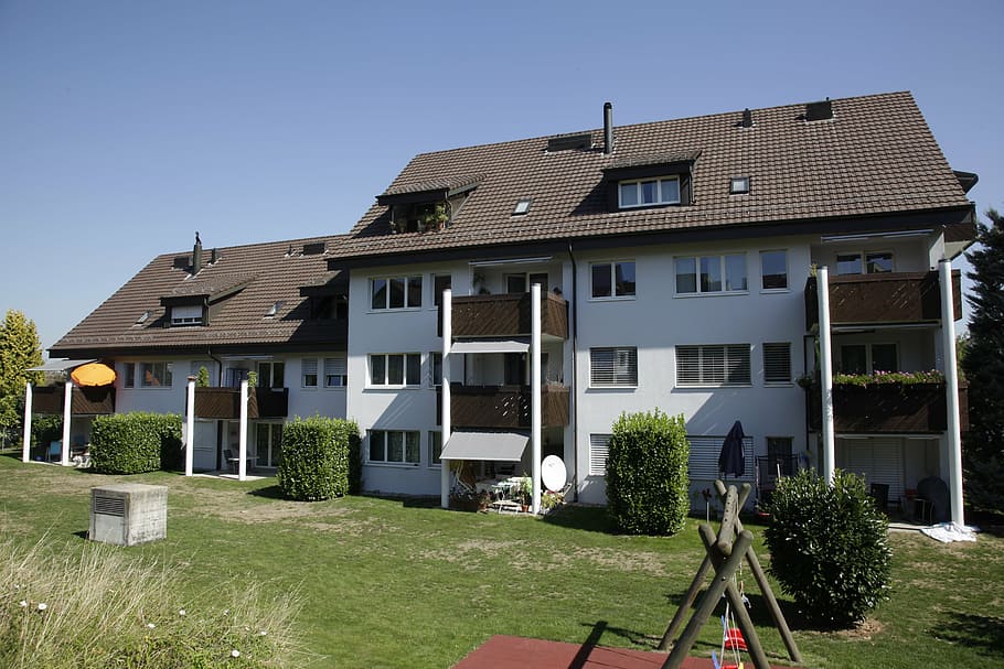 residence, rümlang, zurich, canton of zurich, summer, balcony, architecture, building, pitched roof, terraced house