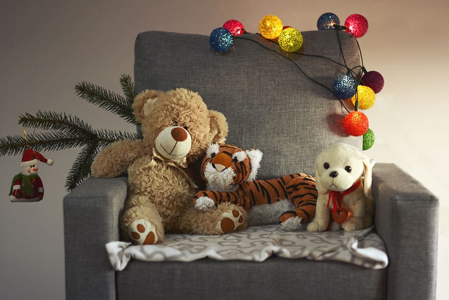 brown, bear, tiger, dog, plush, toys, black, sofa chair, armchair, holidays