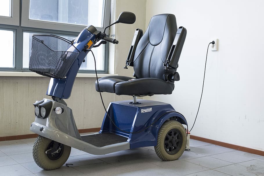 azul, cinza, Mobility Scooter, Desativado, mobilidade, envolver-se, participar, ajudar, homem, deficiência