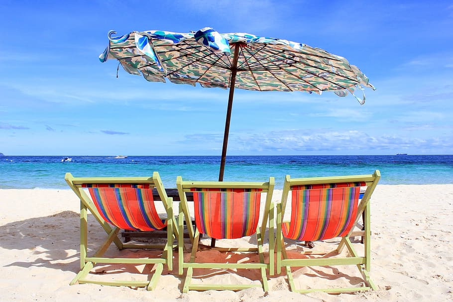 パティオ傘, 3, ビーチチェア, 海岸, 海, 椅子, ビーチ, 休暇, 砂, 旅行