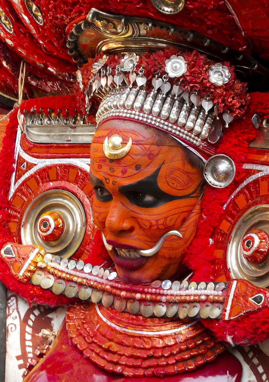 theyyam, red, kerala, temple, culture, india, hindu, hinduism, religious, festival