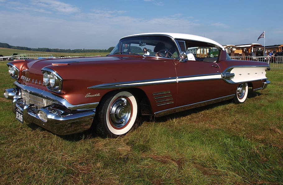 classic, red, coupe, pontiac bonneville, 1958, vintage, oldster, nostalgia, auto, car