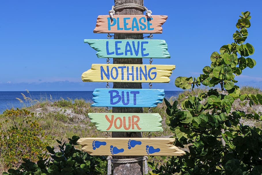 foto, por favor, sair, nada, sinal de pegadas, cartaz, praia, sinal, aviso prévio, inglês