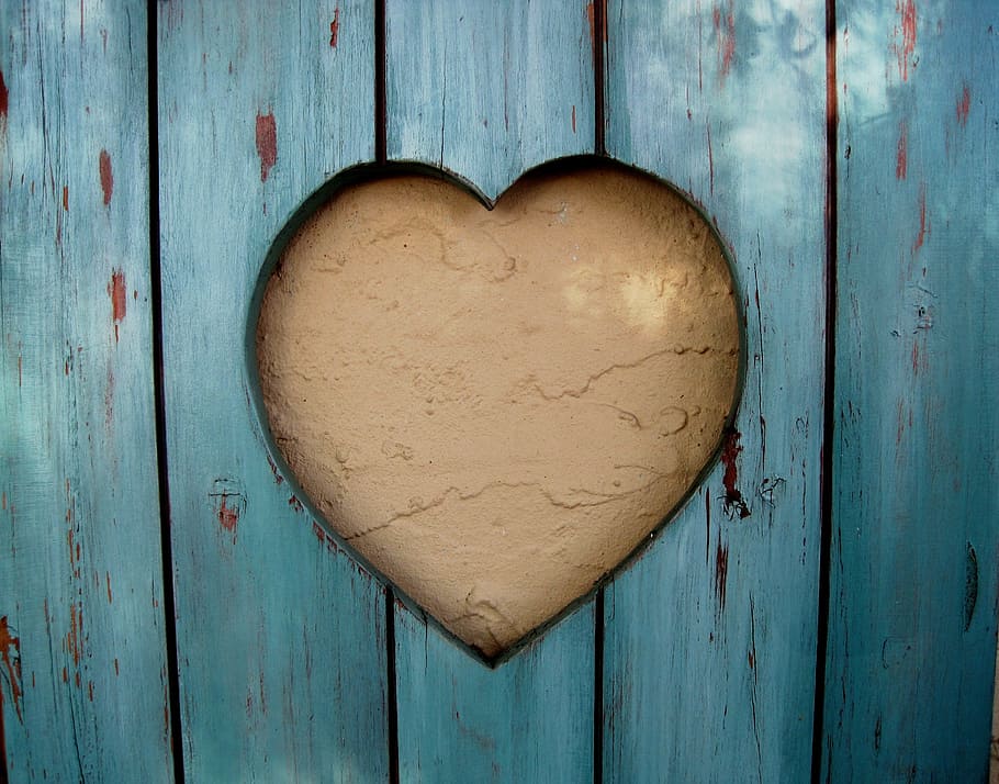 brown, heart-themed wall decor, cutout shape, heart, shutter, wood, turquoise, wall, cream color, love