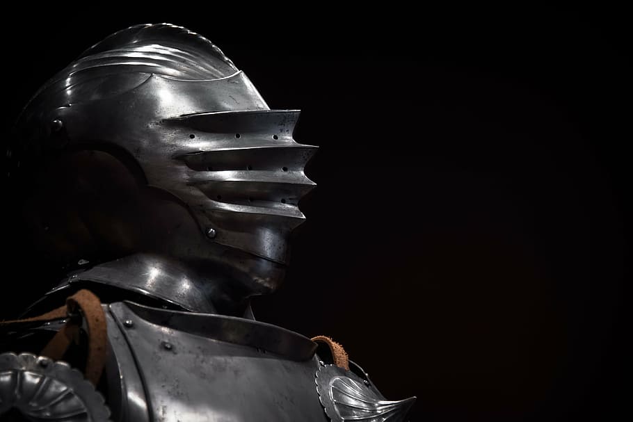 gray gladiator costume, helmet, knight, armor, museum, view, work Helmet, knight - Person, body Armor, suit of Armor
